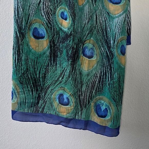 Silk Peacock Feather Print Scarf Green Blue Silk Wrap Shawl Lightweight Boho - Picture 3 of 8